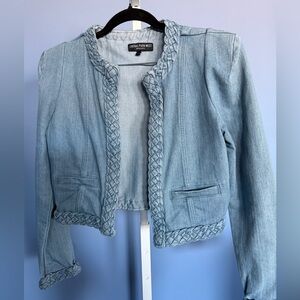 Central Park West Light Denim Braided-Trim Cropped Jacket